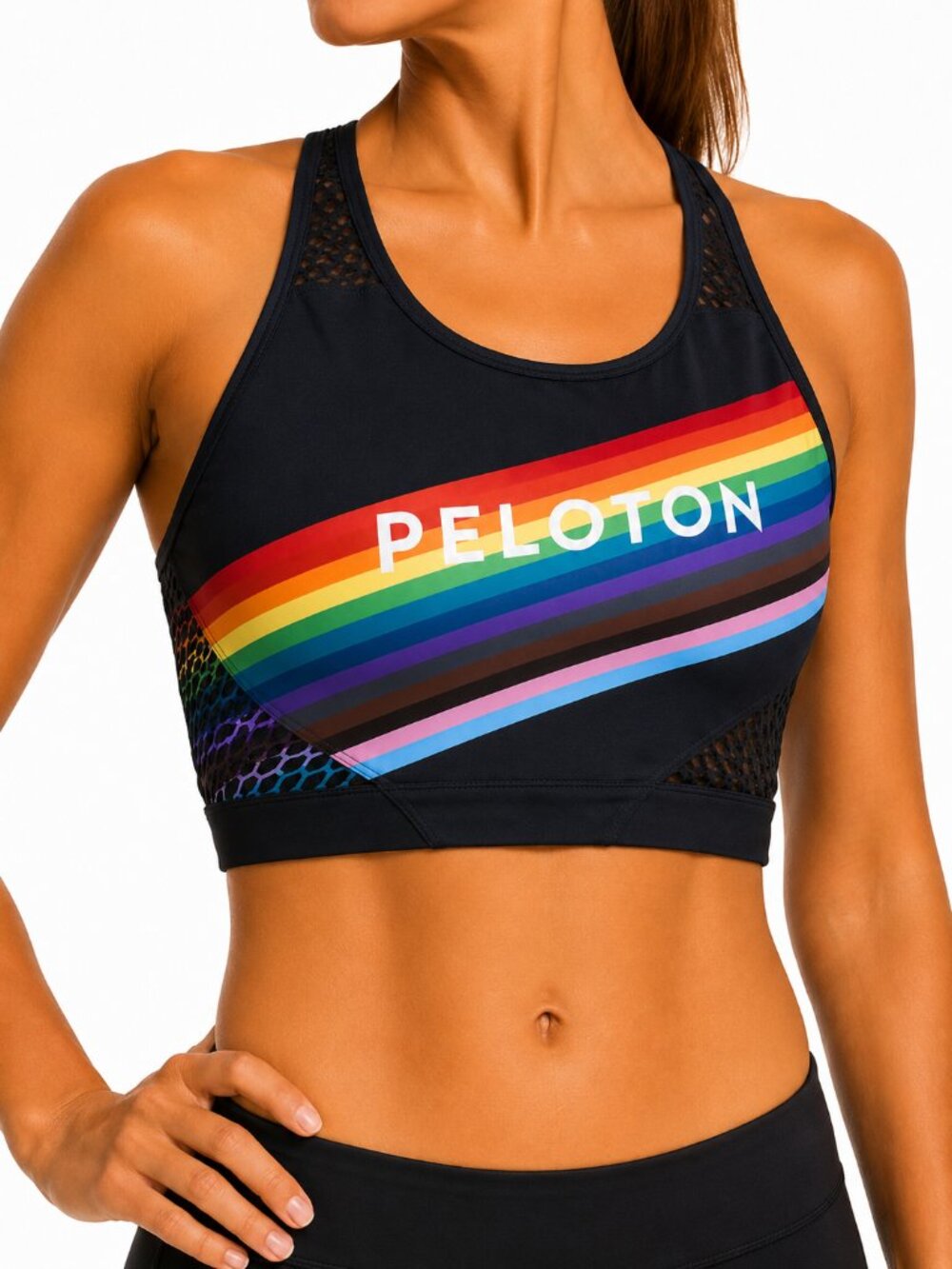 Peloton Black Sports Bra with Rainbow Stripes